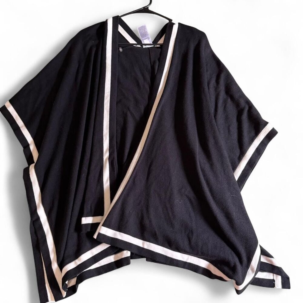 Chico's L/XL Black White Striped Open Front Poncho Cardigan Cashmere Blend Wrap